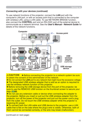 Page 1313
Setting up
USB storage 
device
Connecting with your devices (continued)
7RXVHQHWZRUNIXQFWLRQVRIWKHSURMHFWRUFRQQHFWWKHLANSRUWZLWKWKH
WRWKHFRPSXWHU
ZLWKZLUHOHVV/$1XVLQJD/$1FDEOH7RXVH1(7:25.%5,*(IXQFWLRQ
DOVRFRQQHFWWKHCONTROL
FRPPXQLFDWHDVDQHWZRUNWHUPLQDO6HHWKH Users Manual - Network GuideIRU
GHWDLOVRIWKHQHWZRUNIXQFWLRQV


y
RQRWFRQQHFWWKHLAN
LVUHTXLUHGWR
XVHWKHZLUHOHVVQHWZRUNIXQFWLRQRIWKLVSURMHFWRU
RMHFWRUEH
VHFXUH\RXU
GDWD
83)...