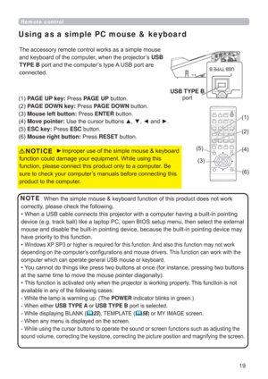 Page 1919
Remote control
Using as a simple PC mouse & keyboard

DQGNH\ERDUGRIWKHFRPSXWHUZKHQWKHSURMHFWRU