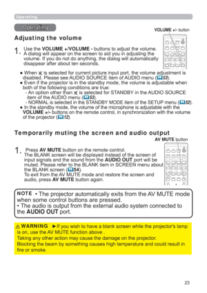 Page 2323
CALIBRATION
KEYSTONE/
ASPECTACCENTUALIZERHDCR
AV MUTE
ESC MENU
IWB
AUTO
PAGE
DOWN
ON
OFF
FREEZE
UP

FOCUSD-ZOOM
>)
î
VOLUMEMAGNIFYMYBUTTON
INPUT
PERFECT FITTEMPLATE
Operating
2SHUDWLQJ

Adjusting the volume
8VHWKHVOLUME +VOLUME -EXWWRQVWRDGMXVWWKHYROXPH
$GLDORJZLOODSSHDURQWKHVFUHHQWRDLG\RXLQDGMXVWLQJWKH
\
GLVDSSHDUDIWHUDERXWWHQVHFRQGV
”:KHQHQWLV
GLVDEOHG3OHDVHVHH$8,26285&(LWHPRI$8,2PHQX
53
”XVWDEOHZKHQ...