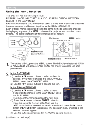 Page 3131
CALIBRATION
KEYSTONE/
ASPECTACCENTUALIZERHDCR
AV MUTE
POSITIONESC MENU
RESET
IWBAUTO
PAGEDOWNONOFFFREEZE
UP

ENTER
FOCUSD-ZOOM>)îVOLUMEMAGNIFYMYBUTTON
INPUT
PERFECT FITTEMPLATE
POSITIONESC MENU
RESET
ENTER
Operating
7RVWDUWWKH0(18SUHVVWKHMENUEXWWRQ7KH0(18\RXODVWXVHG($6