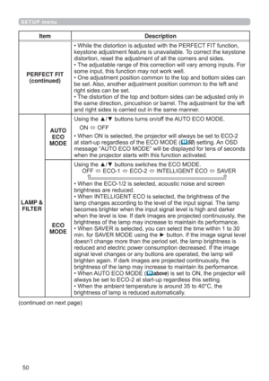 Page 5050
SETUP menu
FRQWLQXHGRQQH[WSDJH
Item Description
PERFECT FIT
(continued)