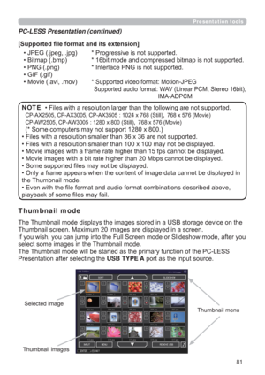 Page 8181
Presentation toolsPresentation tools
SRUWHG
&3$;&3$;&3$;[6WLOO|[0RYLH
&3$:&3$:[6WLOO|[0RYLH

6RPHFRPSXWHUVPD\QRWVXSSRUW[
G
SOD\HG
LVSOD\HG
VSOD\HG
‡6RPHVXSSRUWHG¿OHVPD\QRWEHGLVSOD\HG
GLVSOD\HGLQ
WKH7KXPEQDLOPRGH
EHGDERYH
SOD\EDFNRIVRPH¿OHVPD\IDLO NOTE >6XSSRUWHG¿OHIRUPDWDQGLWVH[WHQVLRQ@
