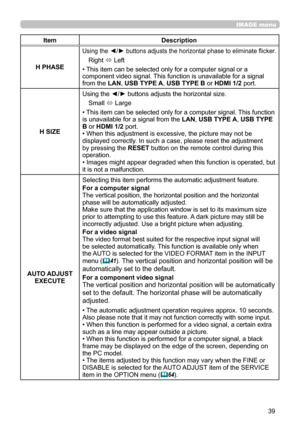 Page 3939
IMAGE menu
ItemDescription
H PHASE
Using the ◄/► buttons adjusts the horizontal phase to eliminate flicker.
Right  ó Left
• This item can be selected only for a computer signal or a 
component video signal. This function is unavailable for a signal 
from the  LAN, USB TYPE A , USB TYPE B  or HDMI 1/2  port.
H SIZE Using the ◄/► buttons adjusts the horizontal size.
Small  ó Large
• This item can be selected only for a computer signal. This function 
is unavailable for a signal from the  LAN, USB TYPE A...