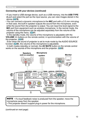 Page 1313
Microphone system
(continued on next page) Connecting with your devices  (continued)
Setting up
•  If you insert a USB storage device, such as a USB memory, into the USB TYPE 
A port and select the port as the input source, you can view images stored in the 
device (
78).
•    You can connect a dynamic microphone to the  MIC port with a 3.5 mm mini-plug. 
In that case, the built-in speaker outputs the sound from the microphone, even 
while the sound from the projector is output. You can input line...