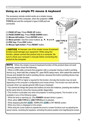 Page 1919
Remote control
Using as a simple PC mouse & keyboard
The accessory remote control works as a simple mouse 
and keyboard of the computer, when the projector’s USB 
TYPE B port and the computer’s type A USB port are 
connected.
(1) PAGE UP key: Press PAGE UP button.
(2) PAGE DOWN key: Press PAGE DOWN button.
(3) Mouse left button:  Press ENTER button.
(4) Move pointer: Use the cursor buttons ▲, ▼, ◄ and ►.
(5) ESC key: Press ESC button.
(6) Mouse right button:  Press RESET button.
►Improper use of the...