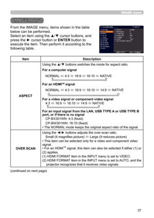 Page 3737
IMAGE menu
IMAGE menu
From the IMAGE menu, items shown in the table 
below can be performed.
Select an item using the ▲/▼ cursor buttons, and 
press the ► cursor button or ENTER button to 
execute the item. Then perform it according to the 
following table.
ItemDescription
ASPECT Using the ▲/▼ buttons switches the mode for aspect ratio.
 
For a computer signal
NORMAL  ó 4:3 
ó 16:9 
ó 16:10 
ó NATIVE
          
For an HDMITM signal
NORMAL  
ó  
4:3  
ó  
16:9  
ó  
16:10  
ó  
14:9  
ó  NATIVE...