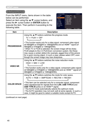 Page 4040
INPUT menu
INPUT menu
From the INPUT menu, items shown in the table 
below can be performed.
Select an item using the ▲/▼ cursor buttons, and 
press the ► cursor button or ENTER button to 
execute the item. Then perform it according to the 
following table.
ItemDescription
PROGRESSIVE Using the ▲/▼ buttons switches the progress mode.
TV  ó FILM 
ó OFF
  
• This function works only for a video signal, component video signal 
(of 480i@60 or 576i@50 or 1080i@50/60) and an HDMITM signal (of 
480i@60 or...