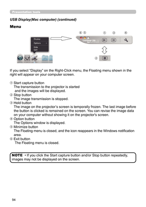 Page 9494
Presentation tools
USB Display(Mac computer) (continued)
Menu
If you select “Display” on the Right-Click menu, the Floating menu shown in the 
right will appear on your computer screen.
 Start capture buttonThe transmission to the projector is started  
 and the images will be displayed.
 Stop button The image transmission is stopped.
 Hold button The image on the projector’s screen is temporally frozen. The last image before 
the button is clicked is remained on the screen. You can revise the...