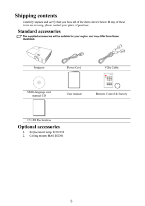 Page 65
Shipping contents
Carefully unpack and verify that you have all of the items shown below. If any of these 
items are missing, please contact your place of purchase.
Standard accessories
The supplied accessories will be suitable for your region, and may differ from those 
illustrated.
Optional accessories
1. Replacement lamp: DT01851
2. Ceiling mount: HAS-DX301Projector Power Cord VGA Cable
Multi-language user 
manual CDUser manual Remote Control & Battery
CU-TR Declaration 