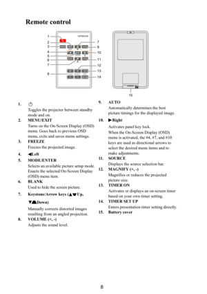 Page 98
Remote control
1.
Toggles the projector between standby 
mode and on.
2. MENU/EXIT
Turns on the On-Screen Display (OSD) 
menu. Goes back to previous OSD 
menu, exits and saves menu settings.
3. FREEZE
Freezes the projected image.
4. Left
5. MODE/ENTER
Selects an available picture setup mode.
Enacts the selected On-Screen Display 
(OSD) menu item.
6. BLANK
Used to hide the screen picture.
7. Keystone/Arrow keys ( Up, 
Down)
Manually corrects distorted images 
resulting from an angled projection.
8....