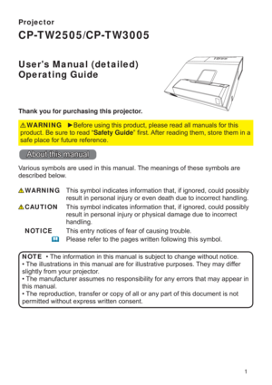 Page 11
Projector
CP-TW2505/CP-TW3005
Users Manual (detailed)  
Operating Guide
Thank you for purchasing this projector.

SURGXFW%HVXUHWRUHDG³Safety Guide