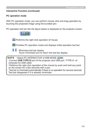 Page 101101
Presentation tools
PC operation mode
HUDWLRQE\

SURMHFWRUVFUHHQ
3HUIRUPVWKHULJKWFOLFNRSHUDWLRQRIPRXVH
EDU
0LQLPL]HVWRROEDUGLVSOD\

7RXFKPLQLPL]HGLFRQWRUHWXUQWKHWRROEDUGLVSOD\
~6HOHFW3&,17(5$&7,9(RI,:%02(
	94
~
&RQQHFWUSB TYPE BSRUWRIWKHSURMHFWRUDQG86%SRUW¢7