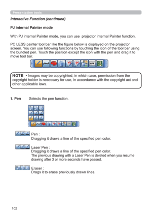 Page 102102
Presentation tools
PJ internal Painter mode
3DLQWHUIXQFWLRQ
KHSURMHFWRU
VFUHHQ