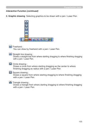 Page 103103
Presentation tools
Interactive Function (continued)
2. Graphic drawing
  )UHHKDQG

 