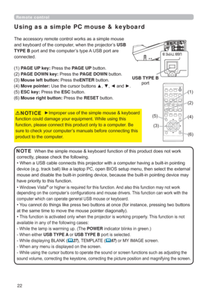 Page 2222
Remote control
Using as a simple PC mouse & keyboard

DQGNH\ERDUGRIWKHFRPSXWHUZKHQWKHSURMHFWRU