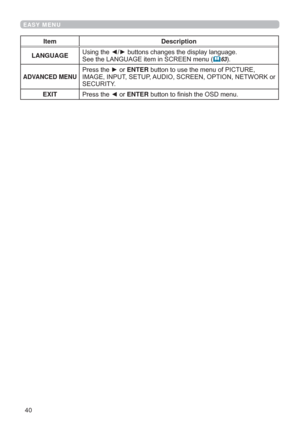 Page 4040
EASY MENU
Item Description
LANGUAGE
6HHWKH/$1*8$*(LWHPLQ6&5((1PHQX
	63
ADVANCED MENU3UHVVWKHyRUENTEREXWWRQWRXVHWKHPHQXRI3,&785(
,0$*(,13876(783$8,26&5((1237,211(7:25.RU
6(&85,7