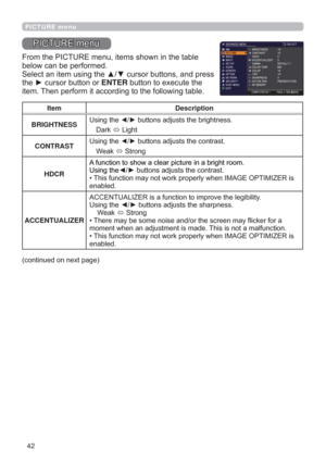 Page 4242
PICTURE menu
3,&785(PHQX
)URPWKH3,&785(PHQXLWHPVVKRZQLQWKHWDEOH
EHORZFDQEHSHUIRUPHG

WKHyFXUVRUEXWWRQRUENTEREXWWRQWRH[HFXWHWKH
LWHP7KHQSHUIRUPLWDFFRUGLQJWRWKHIROORZLQJWDEOH
Item Description
BRIGHTNESS8VLQJWKH
{yEXWWRQVDGMXVWVWKHEULJKWQHVV
DUN
Ù/LJKW
CONTRAST8VLQJWKH
{yEXWWRQVDGMXVWVWKHFRQWUDVW
:HDN
Ù6WURQJ
HDCR$IXQFWLRQWRVKRZDFOHDUSLFWXUHLQDEULJKWURRP
8VLQJWKH{yEXWWRQVDGMXVWVWKHFRQWUDVW
