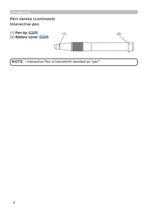 Page 88
Introduction
Par t names (continued)
Interactive pen
Pen tip
	23
Battery cover
	23
‡,QWHUDFWLYH3HQLVKHQFHIRUWKGHQRWHGDVSHQ
NOTE 