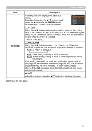 Page 7575
OPTION menu
Item Description
SERVICE6HOHFWLQJWKLVLWHPGLVSOD\VWKH6(59,&(
PHQX
6HOHFWDQLWHPXVLQJWKHxzEXWWRQVDQG
SUHVVWKHyEXWWRQRUWKHENTEREXWWRQ
RQWKHUHPRWHFRQWUROWRH[HFXWHWKHLWHP
ALTITUDE
J
UKLJKHU
LV
QRLVLHUZKHQWKH+,*+LVVHOHFWHG
+,*+
Ù1250$/
AUTO ADJUST

HG
),1(
Ù)$67
Ù,6$%/(

),1()LQHUWXQLQJLQFOXGLQJ+6,=(DGMXVWPHQW
)$67
LQSXWVLJQDO

WKHSURMHFWRUHQYLURQPHQWDURXQGWKHSURMHFWRUHWFWKHDXWRPDWLF...