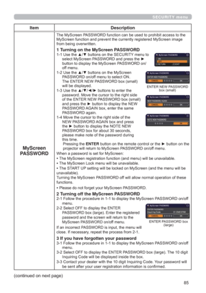 Page 8585
SECURITY menu
Item Description
MyScreen 
PASSWORD
7KH0\6FUHHQ3$66:25IXQFWLRQFDQEHXVHGWRSURKLELWDFFHVVWRWKH
LPDJH
IURPEHLQJRYHUZULWWHQ
1 Turning on the MyScreen PASSWORD8VHWKHxzEXWWRQVRQWKH6(&85,7