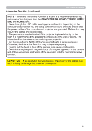 Page 9191
Presentation tools
‡\RX
PDNHXVHRILQSXWVLJQDOVIURPWKHCOMPUTER IN1COMPUTER IN2HDMI1/
MHLDQGHDMI2SRUWV
QJRQWKH
RHQVXUHWKDW
OIXQFWLRQPD\
RFFXULIWKHFDEOHVDUHQRWJURXQGHG
