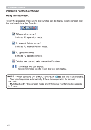 Page 100100
Presentation tools
Using Interactive tool.
7RXFKWKHSURMHFWHGLPDJHXVLQJWKHEXQGOHGSHQWRGLVSOD\LQLWLDORSHUDWLRQWRRO
EDUDQGXVH,QWHUDFWLYH)XQFWLRQ
3&RSHUDWLRQPRGH
6KLIWVWR3&RSHUDWLRQPRGH
3-LQWHUQDO3DLQWHUPRGH
6KLIWVWR3-LQWHUQDO3DLQWHUPRGH
3-RSHUDWLRQPRGH
6KLIWVWR3-RSHUDWLRQPRGH
HOHWHVWRROEDUDQGH[LWV,QWHUDFWLYH)XQFWLRQ
0LQLPL]HVWRROEDUGLVSOD\
7RXFKPLQLPL]HGLFRQWRUHWXUQWKHWRROEDUGLVSOD\
NOTE
~:KHQVHOHFWLQJ21RI08/7,,63/$