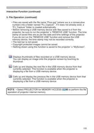 Page 105105
Presentation tools
Interactive Function (continued)
5. File Operation(continued)
‡
QVHFXWLYH
G\H[LVWD
