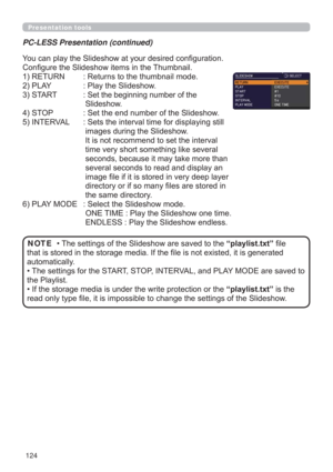Page 124124
Presentation tools
PC-LESS Presentation (continued)
