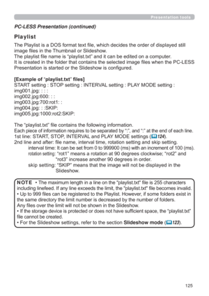 Page 125125
Presentation tools
PC-LESS Presentation (continued)
Playlist
RIGLVSOD\HGVWLOO
LPDJH