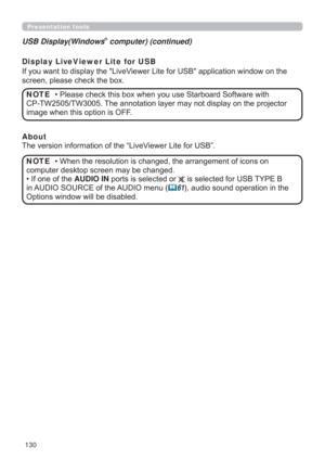 Page 130130
Presentation tools
Display LiveViewer Lite for USB 
,I\RXZDQWWRGLVSOD\WKH/LYH9LHZHU/LWHIRU86%DSSOLFDWLRQZLQGRZRQWKH
VFUHHQSOHDVHFKHFNWKHER[
USB Display(Windows® computer) (continued)

FRPSXWHUGHVNWRSVFUHHQPD\EHFKDQJHG
‡,IRQHRIWKHAUDIO INSRUWVLVVHOHFWHGRULVVHOHFWHGIRU86%7