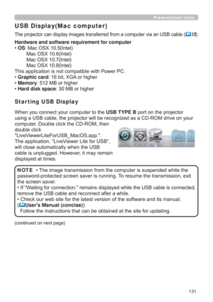 Page 131131
Presentation tools
USB Display(Mac computer)
DDQ86%FDEOH	13
