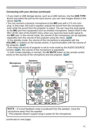 Page 1515
Microphone 
system
FRQWLQXHGRQQH[WSDJH Connecting with your devices (continued)
Setting up
‡,I\RXLQVHUWD86%VWRUDJHGHYLFHVXFKDVD86%PHPRU\LQWRWKHUSB TYPE 
AJHVVWRUHGLQWKH
GHYLFH
	11 6)
