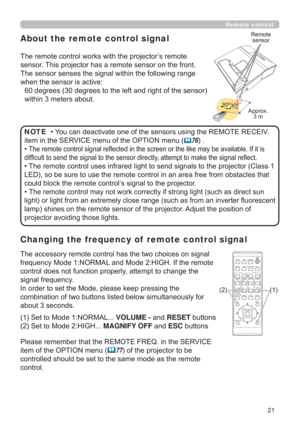 Page 2121
Changing the frequency of  remote control signal

IUHTXHQF\0RGH1250$/DQG0RGH+,*+,IWKHUHPRWH
FRQWUROGRHVQRWIXQFWLRQSURSHUO\DWWHPSWWRFKDQJHWKH
VLJQDOIUHTXHQF\


DERXWVHFRQGV
6HWWR0RGH1250$/VOLUME - DQGRESETEXWWRQV
6HWWR0RGH+,*+MAGNIFY OFFDQGESCEXWWRQV
3OHDVHUHPHPEHUWKDWWKH5(027()5(4LQWKH6(59,&(
LWHPRIWKH237,21PHQX
	77RIWKHSURMHFWRUWREH

FRQWURO
CALIBRATION
KEYSTONE/
ASPECTACCENTUALIZERHDCR
AV MUTE
POSITIONESC MENU...