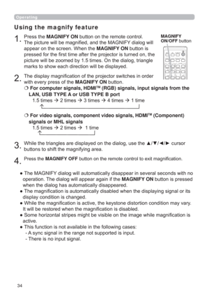 Page 3434
CALIBRATION
ASPECTACCENTUALIZERHDCR
IWB
AUTO
PAGE
DOWN
ON
OFF
UP

FOCUSD-ZOOM
>)
î
VOLUMEMAGNIFYMYBUTTON
INPUT
Operating

Using the magnify feature



3UHVVWKHMAGNIFY ONEXWWRQRQWKHUHPRWHFRQWURO
7KHSLFWXUHZLOOEHPDJQL