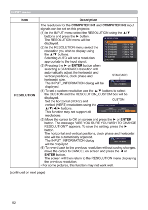 Page 5252
INPUT menu
Item Description
RESOLUTION7KHUHVROXWLRQIRUWKHCOMPUTER IN1DQGCOMPUTER IN2LQSXW
VLJQDOVFDQEHVHWRQWKLVSURMHFWRU
,QWKH,1387PHQXVHOHFWWKH5(62/87,21XVLQJWKHxz
EXWWRQVDQGSUHVVWKHyEXWWRQ
7KH5(62/87,21PHQXZLOOEH
GLVSOD\HG
,QWKH5(62/87,21PHQXVHOHFWWKH
UHVROXWLRQ\RXZLVKWRGLVSOD\XVLQJ
WKHxzEXWWRQV
6HOHFWLQJ$872ZLOOVHWDUHVROXWLRQ
DSSURSULDWHWRWKHLQSXWVLJQDO
3UHVVLQJWKHyRUENTEREXWWRQZKHQ...