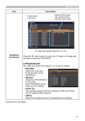 Page 7373
OPTION menu
Item Description
SCHEDULE
ContinuedSDJH6HWVSHFL