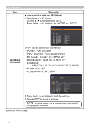 Page 7474
OPTION menu
Item Description
SCHEDULE
Continued
vHow to edit the selected PROGRAM
6HOHFWIURPWRHYHQWV
8VHWKHxzFXUVRUEXWWRQVWRVHOHFW
3UHVVWKHyFXUVRUEXWWRQWRVHWWKH7,0(DQG(9(17
(9(17FDQEHVHOHFWHGDVOLVWHGEHORZ
