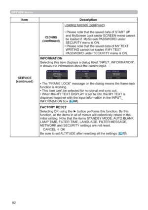 Page 8282
OPTION menu
Item Description
SERVICE
(continued)
CLONING(continued)
/RDGLQJIXQFWLRQFRQWLQXHG
‡
3OHDVHQRWHWKDWWKHVDYHGGDWDRI67$5783
DQG0\6FUHHQ/RFNXQGHU6&5((1PHQXFDQQRW
EHORDGHGLI0\6FUHHQ3$66:25XQGHU
6(&85,7