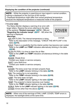 Page 3232
Displaying the condition of the projector (continued)
• While the projector is searching an input signal in normal condition, 
nothing is displayed on the 2nd line of the monitor.
• Displayed temperature might differ from actual peripheral temperature 
because the displayed temperature is measured inside of the projector .
NOTE
Status Monitor 
  
In error state 
The Status Monitor displays a warning of an error with 
larger letters. Resolve the errors referring to the table 
of the sections...