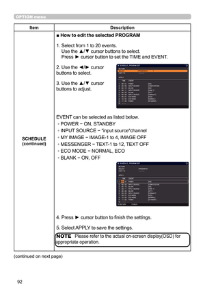 Page 9292
OPTION menu
ItemDescription
SCHEDULE  (continued)
■ How to edit the selected PROGRAM
1.   Select from 1 to 20 events.  
Use the ▲/▼ cursor buttons to select.  
Press ► cursor button to set the TIME and EVENT.
2. Use the ◄/► cursor   
buttons to select.
3. Use the ▲/▼ cursor   
buttons to adjust.
EVENT can be selected as listed below.
◦ POWER − ON, STANDBY
◦ INPUT SOURCE − "input source"channel
◦ MY IMAGE − IMAGE-1 to 4, IMAGE OFF
◦ MESSENGER − TEXT-1 to 12, TEXT OFF
◦   ECO MODE −   NORMAL,...