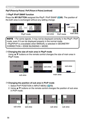 Page 5656
Operating
Using ▲/▼ buttons on the remote control changes the size of main area in 
PbyP mode.
  
Changing the size of main area in PbyP mode
1. Select PinP POSITION in INPUT MENU (
73). 
2. Using ▲/▼ buttons on the remote control changes the position of sub area    
    in PinP mode.
  
Changing the position of sub area in PinP mode
main area
sub area main area
sub area
PbyP (Picture by Picture) / PinP (Picture in Picture) (continued)
• For some signals, it may not be displayed correctly in the...