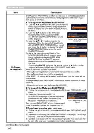 Page 102102
SECURITY menu
ItemDescription
MyScreen 
PASSWORD
The MyScreen PASSWORD function can be used to prohibit access to the 
MyScreen function and prevent the currently registered MyScreen image 
from being overwritten.
1 Turning on the MyScreen PASSWORD1-1   Use the ▲/▼ buttons on the SECURITY menu to 
select MyScreen PASSWORD and press the ► 
button to display the MyScreen PASSWORD on/
off menu.
1-2   Use the ▲/▼ buttons on the MyScreen 
PASSWORD on/off menu to select ON. 
The ENTER NEW PASSWORD box...