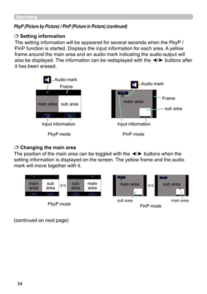 Page 5454
Operating
PbyP (Picture by Picture) / PinP (Picture in Picture) (continued)
The position of the main area can be toggled with the ◄/► buttons when the 
setting information is displayed on the screen. The yellow frame and the audio 
mark will move together with it.   Changing the main area
main 
area sub 
areamain  area
sub 
area
The setting information will be appeared for several seconds when the PbyP  / 
PinP function is started. Displays the input information for each area. A yellow 
frame around...