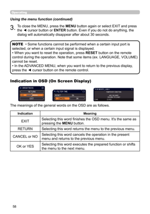 Page 5858
Operating
Using the menu function (continued)
3.To close the MENU, press the MENU button again or select EXIT and press 
the ◄ cursor button or ENTER button. Even if you do not do anything, the 
dialog will automatically disappear after about 30 seconds.
Indication in OSD (On Screen Display)
The meanings of the general words on the OSD are as follows.
IndicationMeaning
EXITSelecting this word finishes the OSD menu. It's the same as 
pressing the 
MENU button.
RETURN Selecting this word returns the...