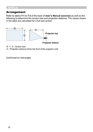 Page 1010
Setting up
Arrangement
Refer to tables T- 1 to T- 3 at the back of User’s Manual (concise) as well as the 
following to determine the screen size and projection distance.  The values shown 
in the table are calculated for a full size screen.
(j·(x  Screen size
(I  Projection distance (from the front of the projector unit)
(continued on next page)
Projector top
Projector bottom 