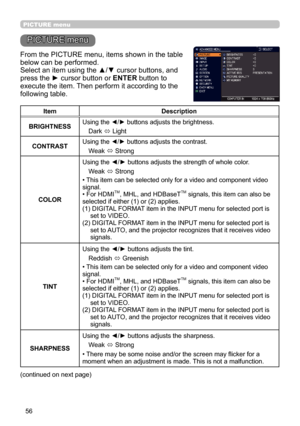 Page 5656
PICTURE menu
PICTURE menu
From the PICTURE menu, items shown in the table 
below can be performed. 
Select an item using the ▲/▼ cursor buttons, and 
press the ► cursor button or ENTER button to 
execute the item. Then perform it according to the 
following table.
ItemDescription
BRIGHTNESS Using the 
◄/► buttons adjusts the brightness.
Dark  ó Light
CONTRAST Using the 
◄/► buttons adjusts the contrast.
Weak  ó Strong
COLOR Using the ◄/► buttons adjusts the strength of whole color.
Weak  ó Strong
•...