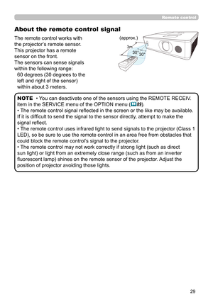 Page 2929
30°30°
3m
(approx.)
About the remote control signal
The remote control works with 
the projector’s remote sensor. 
This projector has a remote 
sensor on the front.
The sensors can sense signals 
within the following range:
60 degrees (30 degrees to the 
left and right of the sensor) 
within about 3 meters.
• You can deactivate one of the sensors using the REMOTE RECEIV. 
item in the SERVICE menu of the OPTION menu (
89).
• The remote control signal refl ected in the screen or the like may be...