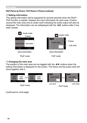 Page 4848
Operating
PbyP (Picture by Picture) / PinP (Picture in Picture) (continued)
The position of the main area can be toggled with the ◄/► buttons when the 
setting information is displayed on the screen. The frame and the audio mark will 
move together with it.   Changing the main area
main 
area sub 
areamain  area
sub 
area
The setting information will be appeared for several seconds when the PbyP  / 
PinP function is started. Displays the input information for each area. A frame 
around the main area...