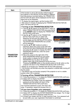 Page 9999
SECURITY menu
ItemDescription
TRANSITION  DETECTOR
If this function is set to ON and the vertical angle of 
the projector or the INSTALLATION setting is different 
from the previous recorded setting, the TRANSITION 
DETECTOR ON alarm will be displayed and the input 
signal will not be displayed.
• To display the signal again, set this function OFF.
• After about 5 minutes of displaying the TRANSITION DETECTOR ON 
alarm, the lamp will turn off.
1 Turning on the TRANSITION DETECTOR1-1   Use the ▲/▼...