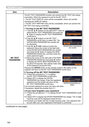 Page 100100
SECURITY menu
ItemDescription
MY TEXT 
PASSWORD
The MY TEXT PASSWORD function can prevent the MY TEXT from being 
overwritten. When the password is set for the MY TEXT;
• The MY TEXT DISPLAY menu will be unavailable, which can prohibit 
changing the DISPLAY setting.
• The MY TEXT WRITING menu will be unavailable, which can prevent the 
MY TEXT from being overwritten.
1 Turning on the MY TEXT PASSWORD1-1   Use the ▲/▼ buttons on the SECURITY menu to 
select the MY TEXT PASSWORD and press the 
► button...